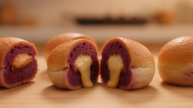 Closeup shot of purple yam bread rolls filled with creamy cheese