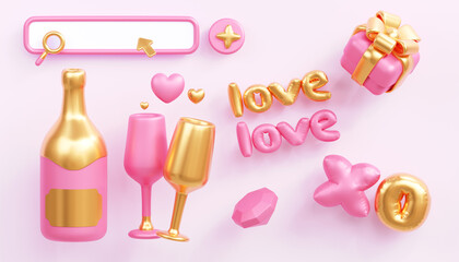 Fototapeta premium Romantic love symbols set with champagne, hearts, gift and search icon. Dating concept, partner search, relationship and pink romantic elements illustration