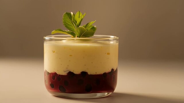 Delicious layered dessert with berry compote and creamy custard served in a glass