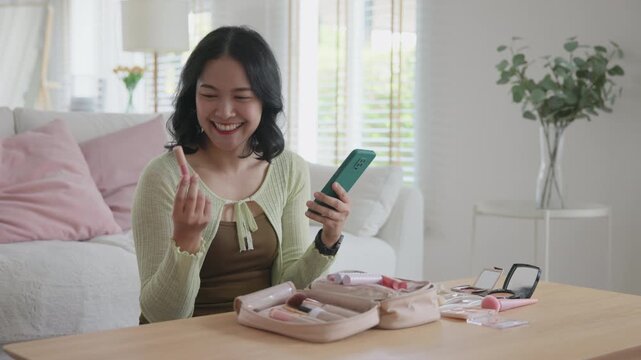 AI data driven advice skin care smart future scan list label tech. young asia people gen z girl happy smile enjoy using phone app help check guide verify cosmetic urban make-up shop store retail asian