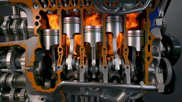 Industrial Engine Power System: Cross-Section with Pistons, Gears and Combustion Flames
