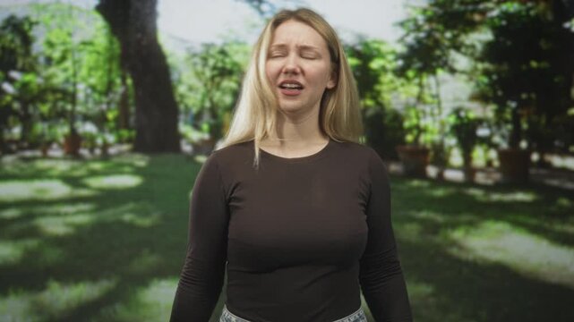 Woman holding smartphone with a grimace and recoiling hand in a sunlit garden, pulling the device away while looking disgusted; disgust repulsion surprise.