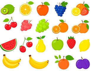Colorful assortment of fresh, ripe, and juicy fruit icons with leaves
