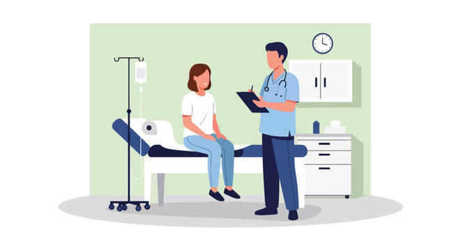 Modern flat vector illustration of doctor consulting patient in examination room representing medical checkup, diagnosis and professional healthcare treatment