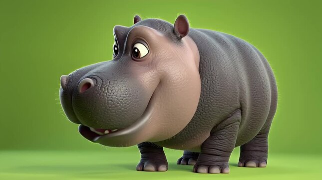 Cute 3D Animated Hippopotamus Character Smiling on Green Background