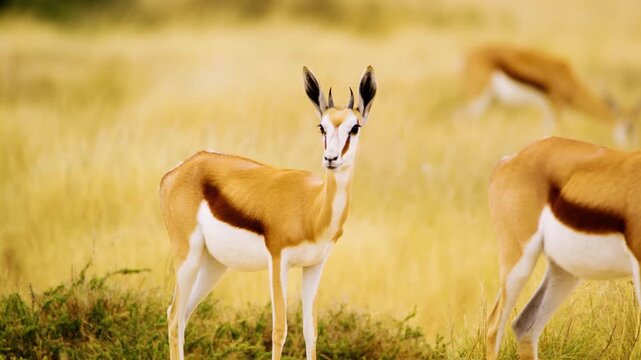 Portrait of a springbok antelope standing and looking into camera at Mabuasehube, Botswana, South Africa 
