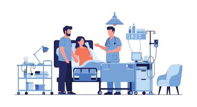 Modern flat vector illustration of doctor assisting pregnant woman in maternity ward representing childbirth care, family healthcare and hospital support service