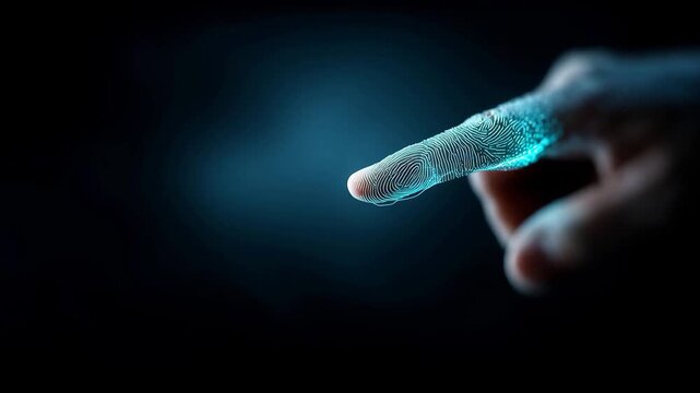 Digital fingerprint graphic illuminating on a black background, representing biometric authentication, personal identity, and advanced security measures for sensitive data and   4K