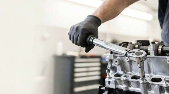 Car mechanic hands using a torque wrench on a car engine in a workshop