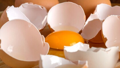 Close-up view of cracked eggshells, a bright yolk, and unbroken eggs