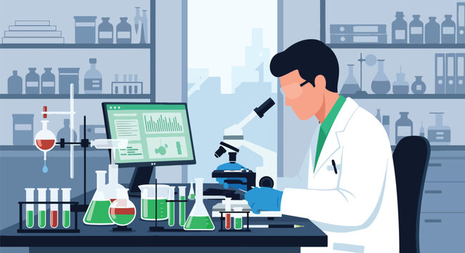 Modern flat vector illustration of laboratory technician analyzing samples with microscope representing medical research, diagnostics and scientific healthcare testing