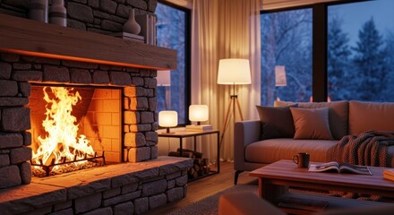 Fototapeta premium Interior scene of a cozy living room with fireplace and view of snowy trees outside