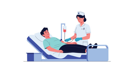 Fototapeta premium Modern flat vector illustration of blood donation session with donor and nurse representing community healthcare support and lifesaving medical service