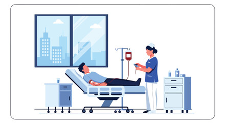 Modern flat vector illustration of blood donation session with donor and nurse representing community healthcare support and lifesaving medical service