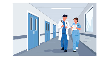 Obraz premium Modern flat vector illustration of doctor and nurse walking in hospital corridor discussing case representing teamwork and professional healthcare collaboration