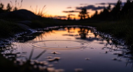 Serene puddle reflecting dusk sky and forest silhouette
