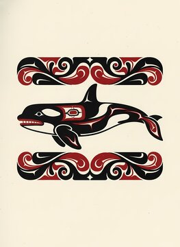 Haida Style Killer Whale Orca Illustration with Tribal Borders
