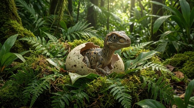 Baby dinosaur hatching from egg in green jungle forest