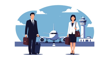 Obraz premium Modern flat vector illustration of business professionals boarding airplane with luggage representing corporate trip, global mobility and international business travel