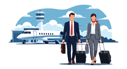 Obraz premium Modern flat vector illustration of business professionals boarding airplane with luggage representing corporate trip, global mobility and international business travel