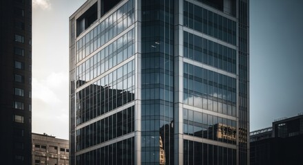 Obraz premium Tall glass building reflecting cloudy sky, viewed from a low angle, urban setting