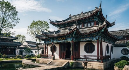 Traditional East Asian temple complex with curved roofs, surrounded by water and greenery