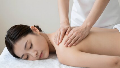 Obraz premium Relaxed young woman receiving a shoulder massage at a spa for wellness and rejuvenation