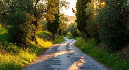 Obraz premium Winding, sunlit asphalt road through lush greenery, flanked by trees and wildflowers