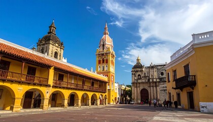 Obraz premium A vibrant city square with yellow buildings and a tall tower under a blue sky