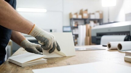 Print shop worker hands using a folding tool to crease heavy paper stock