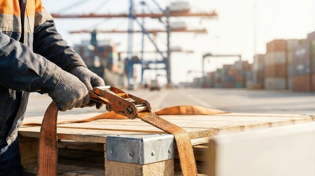 Dock worker hands securing a wooden pallet with a heavy duty orange ratchet strap