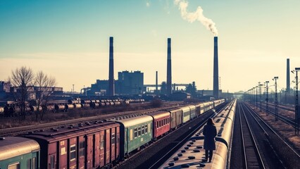 Obraz premium A lone person walks along a train roof, near factory smokestacks emitting pollution