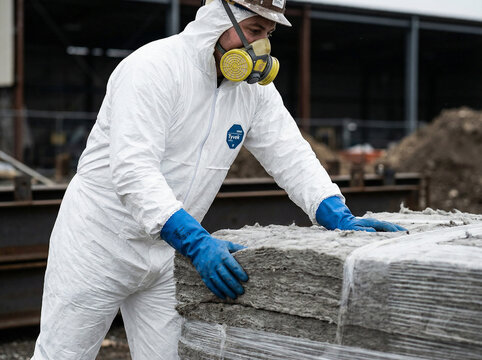 Worker in white hazmat suit and respirator mask handling hazardous asbestos materials at industrial site