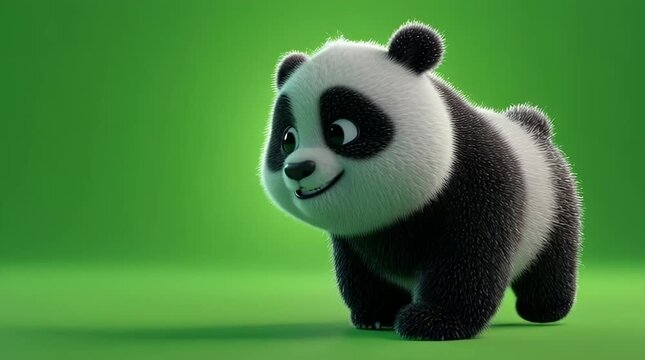Cute 3D Animated Baby Panda with Happy Smile on Green Background