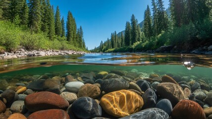 Serene river landscape with colorful rocks and lush greenery