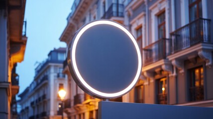 Modern blank sign with glowing edge on city street at dusk