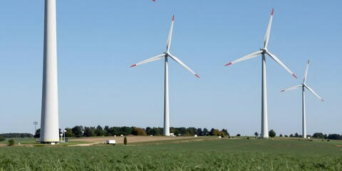 Fototapeta premium Wind turbines stand tall against a clear blue sky in a green field landscape