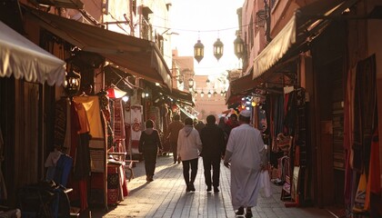 Obraz premium Moroccan Medina Street Scene During Eid al-Fitr Celebration with Traditional Architecture and Lanterns