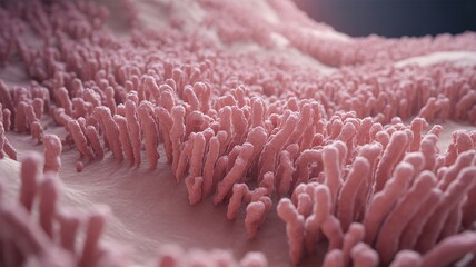 Microscopic view of pink cellular structures on tissue surface