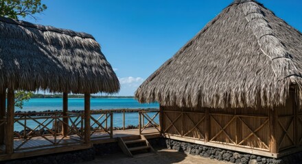 Thatched-roof huts on stilts overlook a serene blue ocean with rocky shores and clear skies
