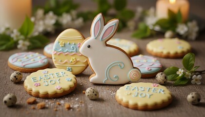 Easter cookies with bunny and eggs on rustic table