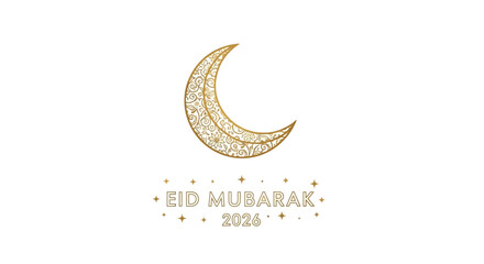 Golden crescent moon Eid Mubarak greeting card with intricate floral patterns and stars on white background for Islamic holiday celebrations © Angles