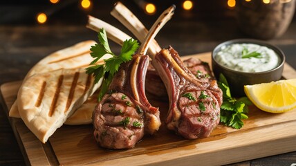 Grilled lamb chops on wooden board with pita bread and tzatziki sauce
