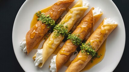 Delicious baklava rolls with caramel sauce and pistachios on plate