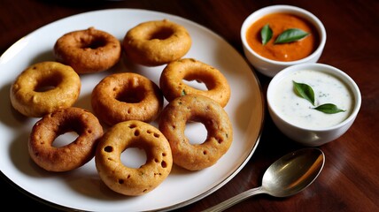 Delicious medu vada with sambar and chutney on a plate