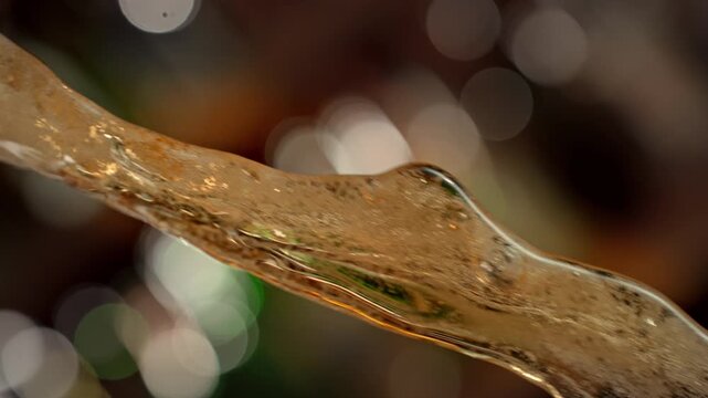 Super Slow Motion of Fresh Beer Stream with Blurred Bar Background at 1000fps.