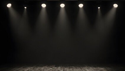 Obraz premium Empty stage with wooden floor illuminated by spotlights from above against black backdrop