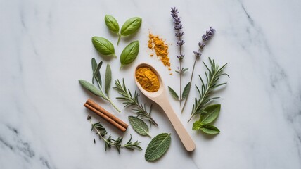 Turmeric powder and fresh herbs on marble surface