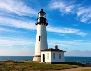White lighthouse with black lantern on coastal cliff overlooking the ocean under a blue sky with scattered clouds and grassy foreground