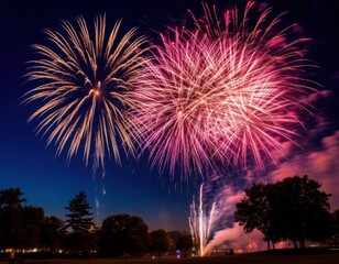 Colorful fireworks display lighting up the night sky over a park with trees and smoke visible, celebrating a festive occasion in a vibrant outdoor setting